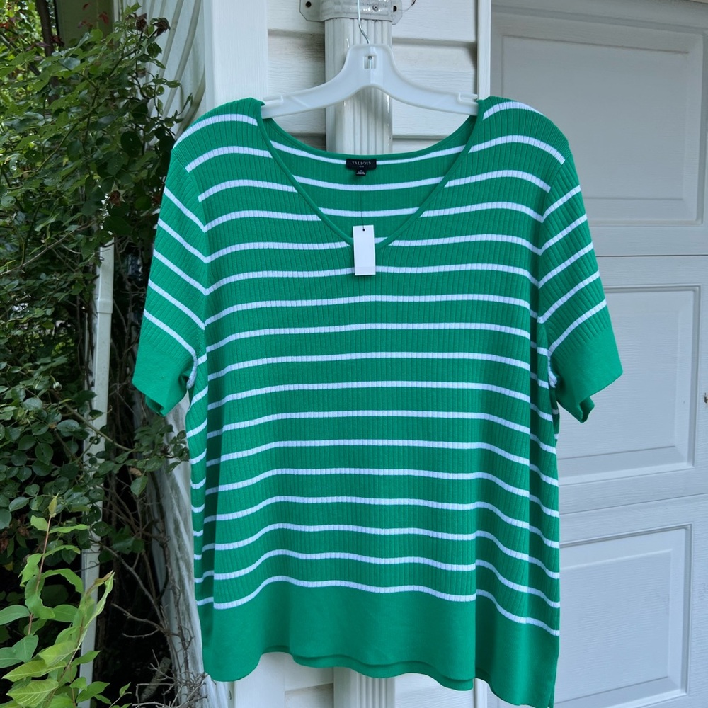 NWT Talbots Pretty Green White Stripe V-Neck Short Sleeve Sweater